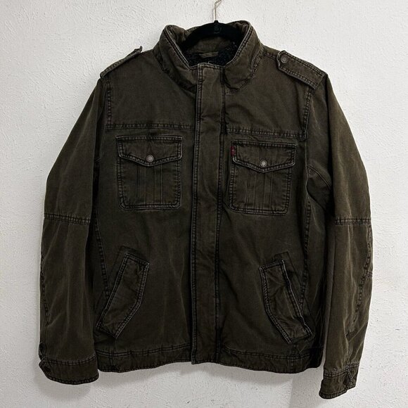 Levis Jacket Adult M Green Canvas Full Zip Military Sherpa Lined Mid Weight Coat - Picture 1 of 12
